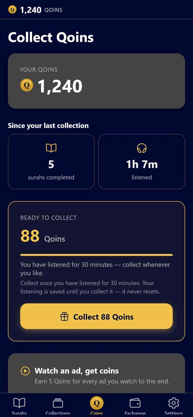 The Collect Qoins screen